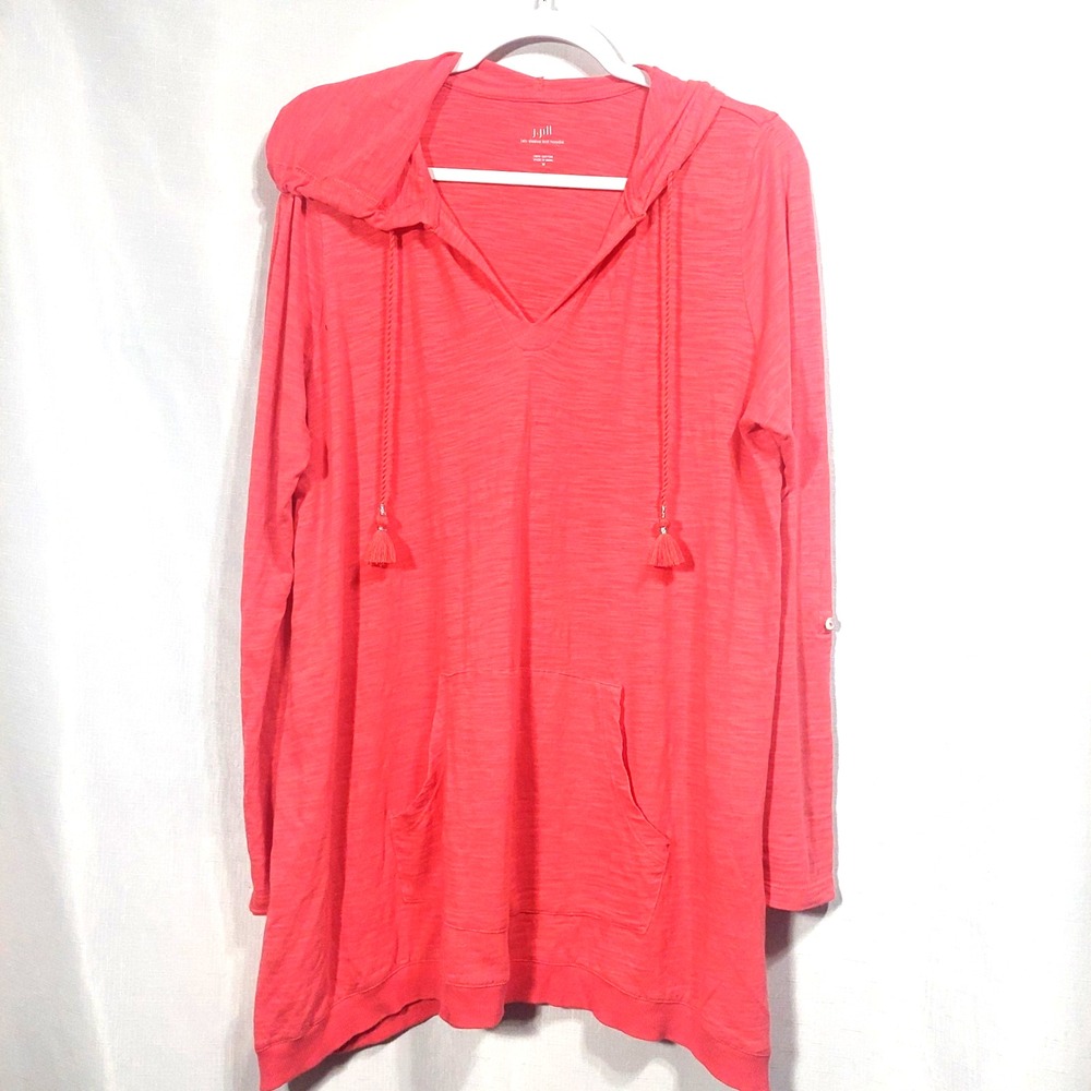 J Jill Womens Cotton Hoodie Tunic M Red Lightweight Roll Tab Sleeve Beach Casual